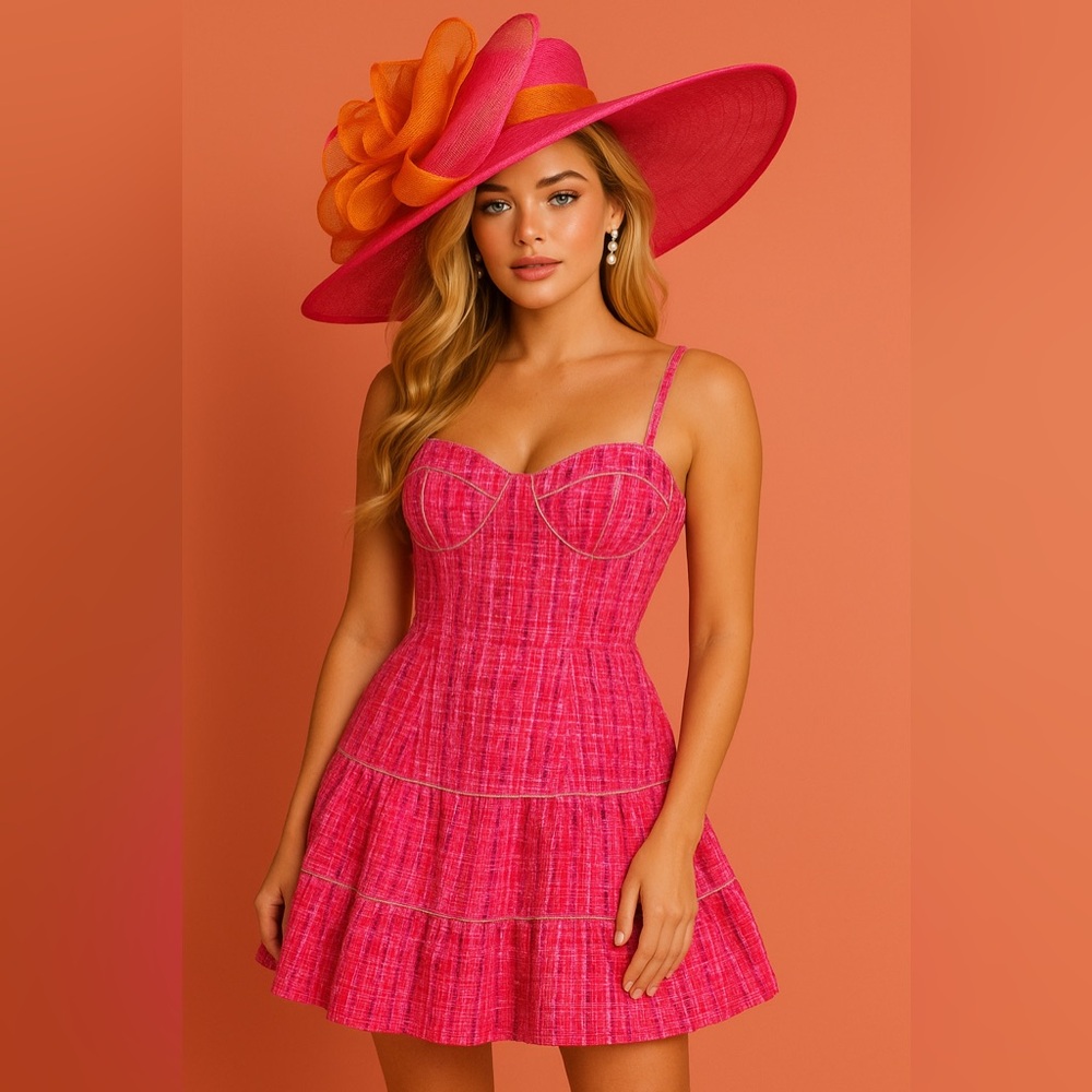 Kentucky Derby Hat Wide Brim KY Oaks Bow Floral Pink Orange Sinamay Lightweight